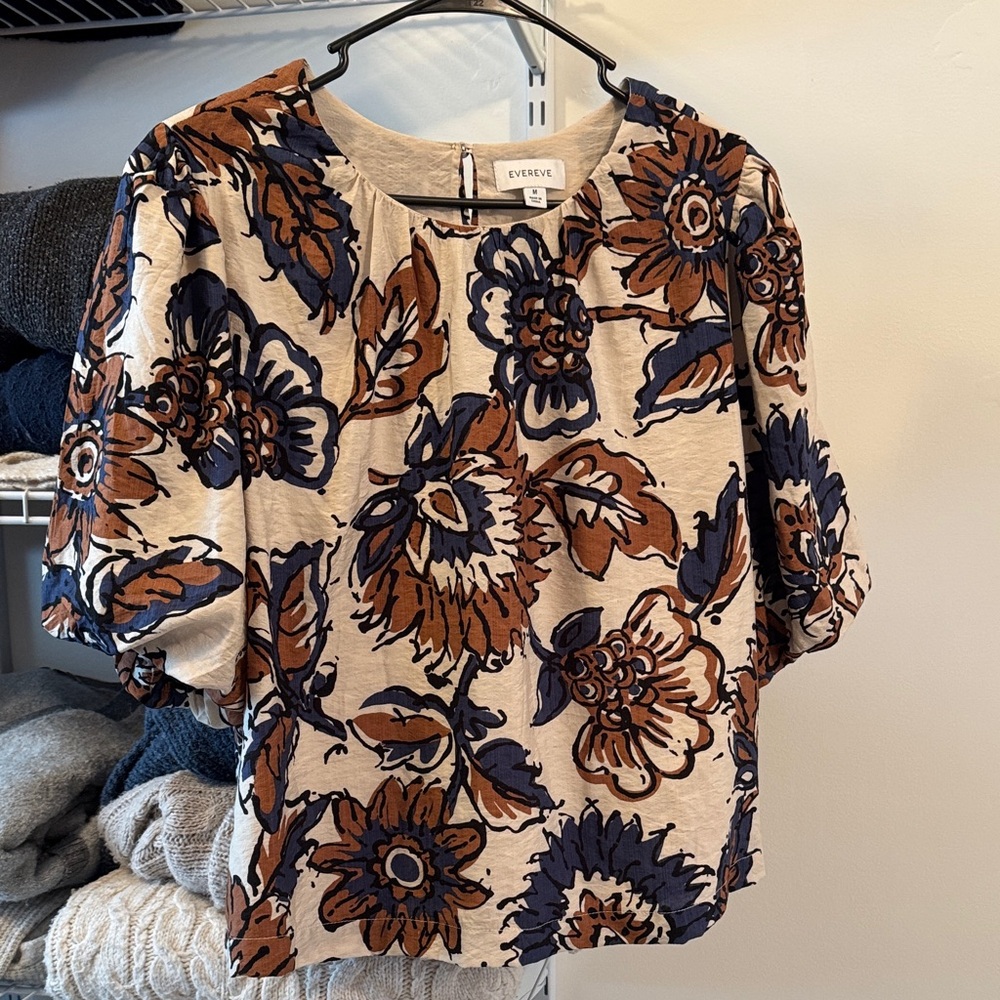 Everly Floral Blouse - Cream and Brown with Blue Accents